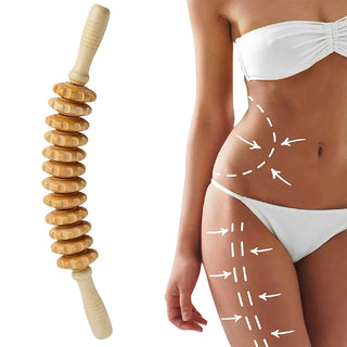 Curved 12 roller wood therapy stick shown with recommended massage stroke directions