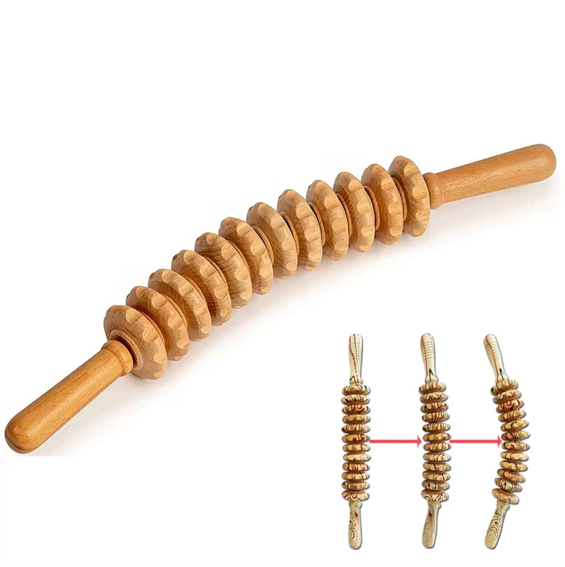 Curved wooden massage roller stick with 12 grooved discs on a white background