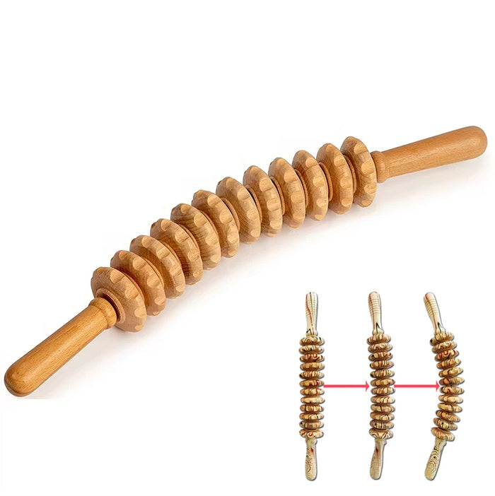 Curved wooden massage roller stick with 12 grooved discs on a white background