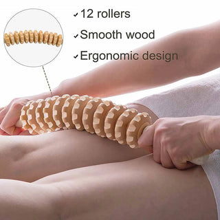 Close-up of the smooth sanded wooden roller discs and ergonomic handle