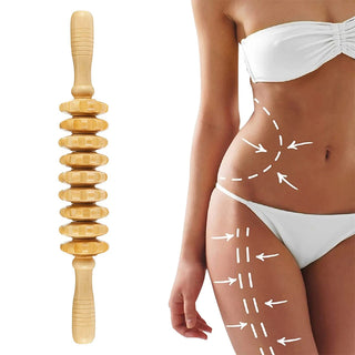 Straight 9 roller wooden massage stick shown with recommended massage stroke directions